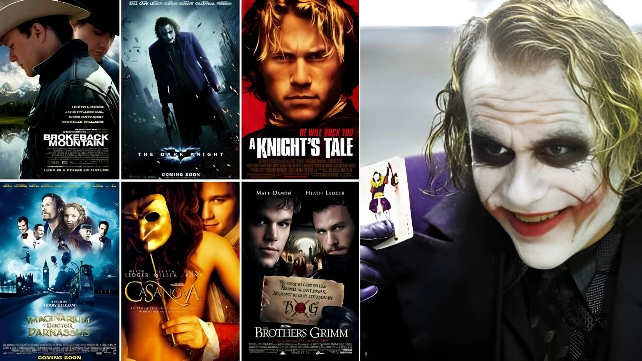 A collage of Heath Ledger's transformative roles: as Ennis Del Mar in Brokeback Mountain, the Joker in The Dark Knight, and his earlier work