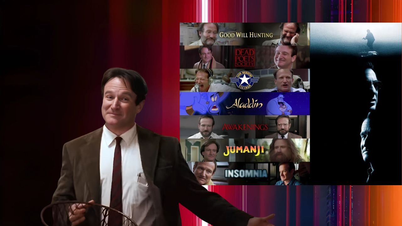 A collage of Robin Williams’ roles: Mrs. Doubtfire, Good Will Hunting, Dead Poets Society, and Aladdin’s Genie