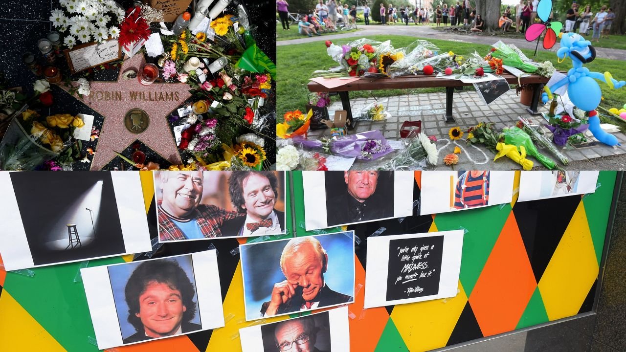 Fans creating tributes for Robin Williams at a memorial site, with candles and flowers